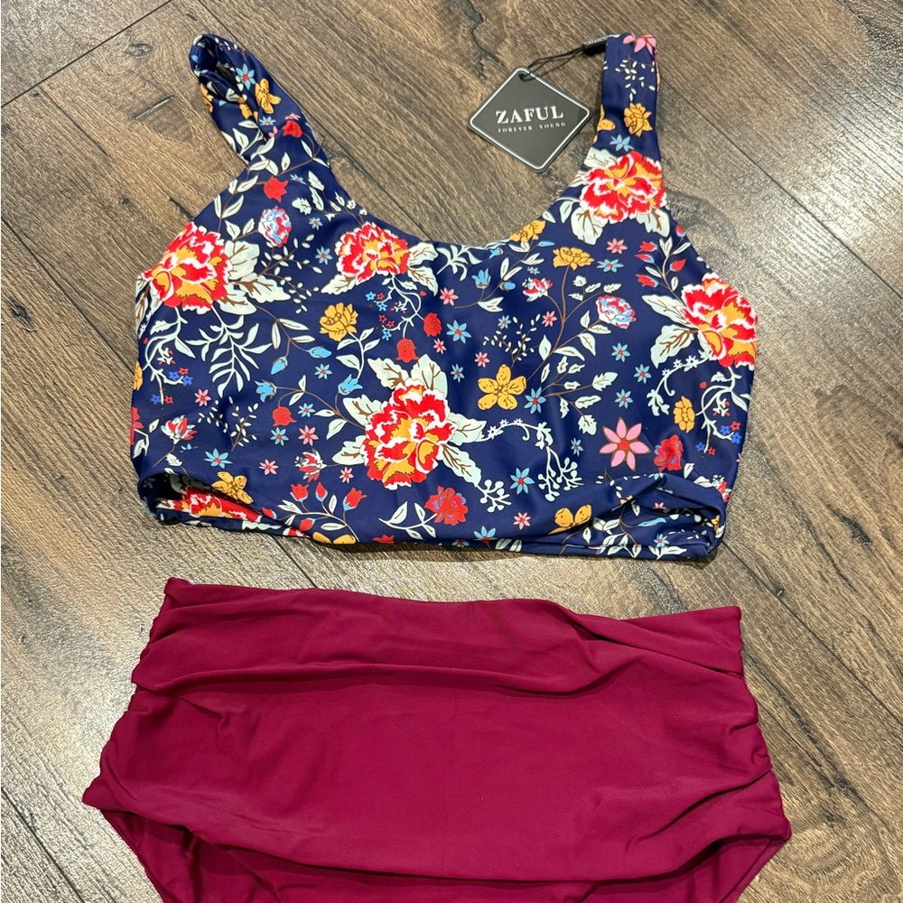 Zaful Floral Bikini Set - Navy and Magenta